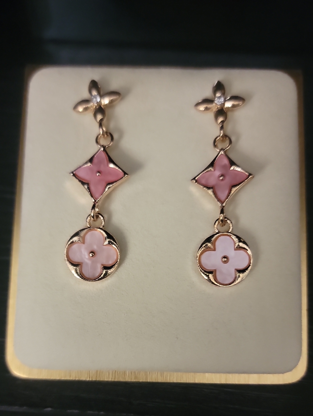 Delicate Pink Enamel Drop Earrings - Floral Motif